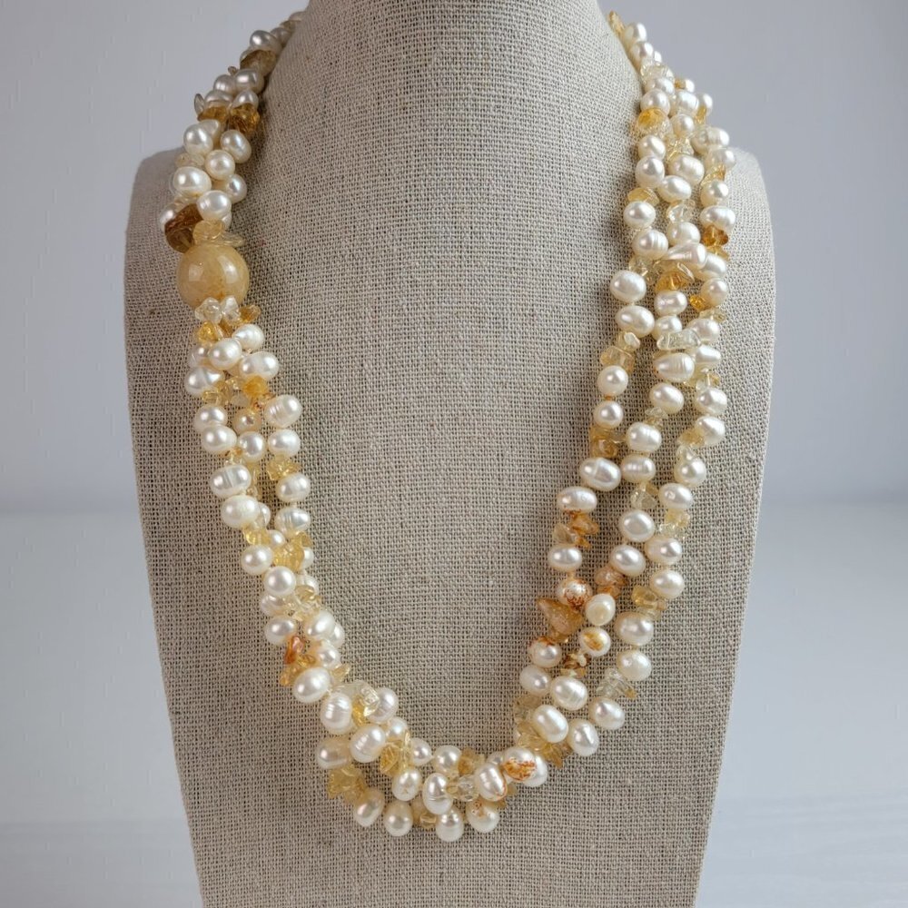 Chunky 3-Strand Natural Pearl Agate Beaded Statement Necklace 21" Sterling Clasp